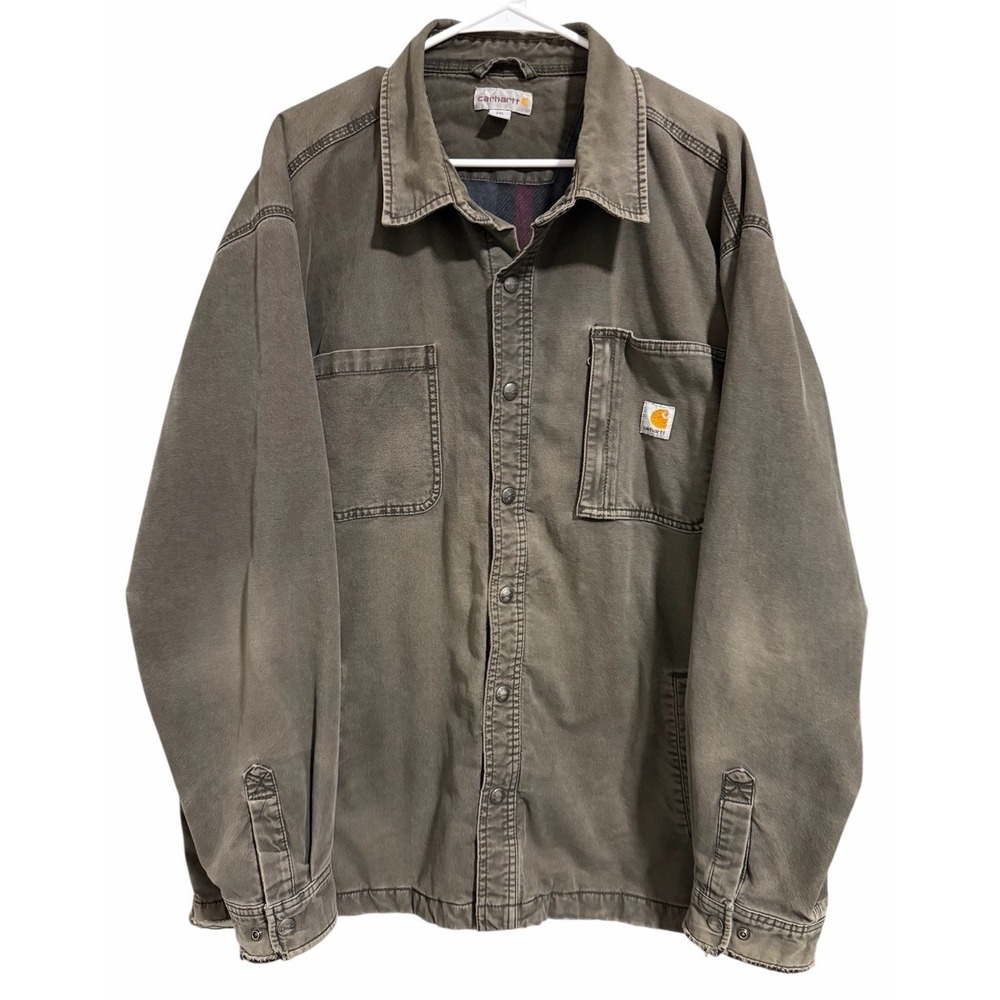 Carhartt Vintage Y2K Peat Gray Canvas Snap Front Fleece-Lined Shirt Jacket 2XL